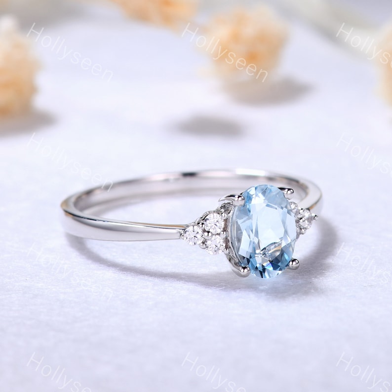 Oval Aquamarine Engagement Ring White Gold Cluster Moissanite Ring Vintage Blue Birthstone Ring Dainty Women Gemstone Ring Promise Ring image 3