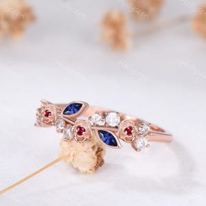 Marquise Blau Saphir Rubin Natur inspiriert Hochzeit Band Rose Blume Stapeln Ring Floral Edelstein stapelbar Ring Cluster-Steine Ring
