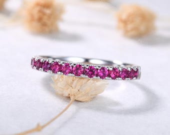 2mm Ruby White Gold Wedding Band Half Eternity Ring Red Stones Stacking Ring July Birthstone Ring Ruby Stackable Ring Red Gemstone Ring
