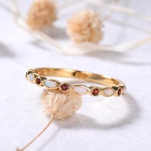 Opal Garnet Yellow Gold Wedding Band Half Eternity Stacking Ring Dainty Birthstone Stack Ring Gemstone Stackable Ring Women Anniversary Gift