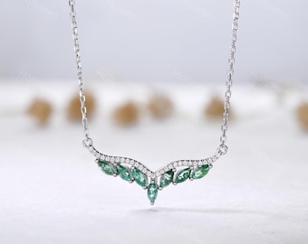 Marquise Cut Moss Agate Pendant Necklace Sterling Silver Natural Moss Agate Pendant Dainty Anniversary Birthday Promise Gift for Women