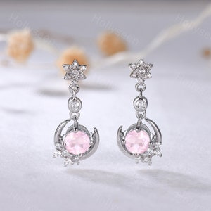 Dainty Rose Quartz White Gold Dangle Earrings Unique Crescent Moon Drop Earrings Delicate Engagement Promise Anniversary Gift for Women