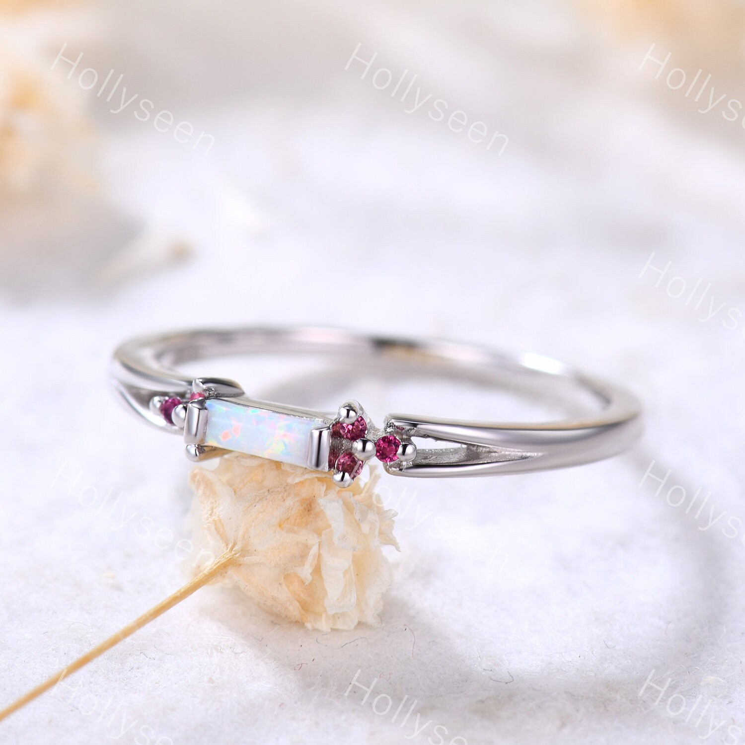 Art Deco Opal and Ruby Engagement Ring 14k Gold Opal Engagement Ring Vintage Opal Wedding Ring Three Gemstone Ring Unique Opal Bridal Ring