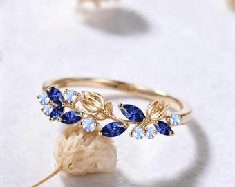 Botanical Tulip Marquise Blue Sapphire Moonstone Wedding Band Ring Solid 14k Yellow Gold Floral Blue Gemstones Flower Leaf Nature Inspired