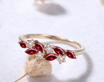 Starry Marquise Ruby Opal Celestial Star Ring Solid Gold Cluster July October Birthstone Ring Dainty Nature Inspired Floral Ring for Her
