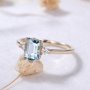 Emerald Cut Aquamarine Yellow Gold Engagement Ring Solid Gold March Birthstone Ring 3 Stone Ring Minimalist Blue Gemstone Ring Women Gift