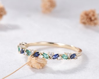 Marquise Sapphire Emerald Cluster Wedding Band Solid Gold Blue Green Gemstone Stacking Ring Vintage May September Birthstone Ring for Women