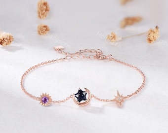 Celestial Star Shape Blue Sandstone Bracelet Rose Gold Sun Amethyst Moon Crescent Adjustable Bracelet Promise Anniversary Gift for Her
