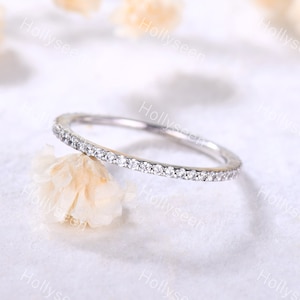 Full Eternity White Gold Moissanite Ring Band Sterling Silver Moissanite Thin Wedding Band Dainty Stackable Ring Promise Ring for Women