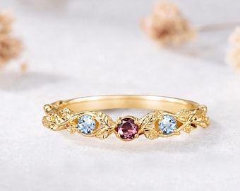 Nature Inspired Pink Tourmaline Aquamarine Leaf Wedding Band Solid 14k Yellow Gold 3 Gemstones Twig Vine Stackable Ring Personalized Ring