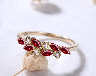 Marquise Red Ruby Opal Cluster Floral Ring Solid Gold Nature Inspired Rose Flower Ring July October Birthstone Ring Unique Gift for Her