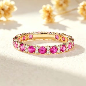 Ruby Eternity Wedding Band Solid 14k Yellow Gold Infinity Ruby Stacking Ring July Birthstone Stack Ring Minimalist Red Stones Matching Ring