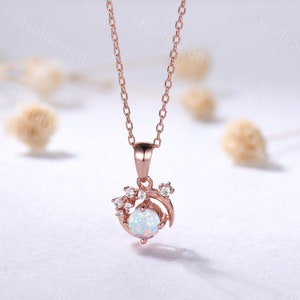 Vintage Opal Rose Gold Pendant Art Deco Moissanite Necklace Unique Moon Necklace Dainty Women Bridal Gift Delicate Anniversary Gift for Her