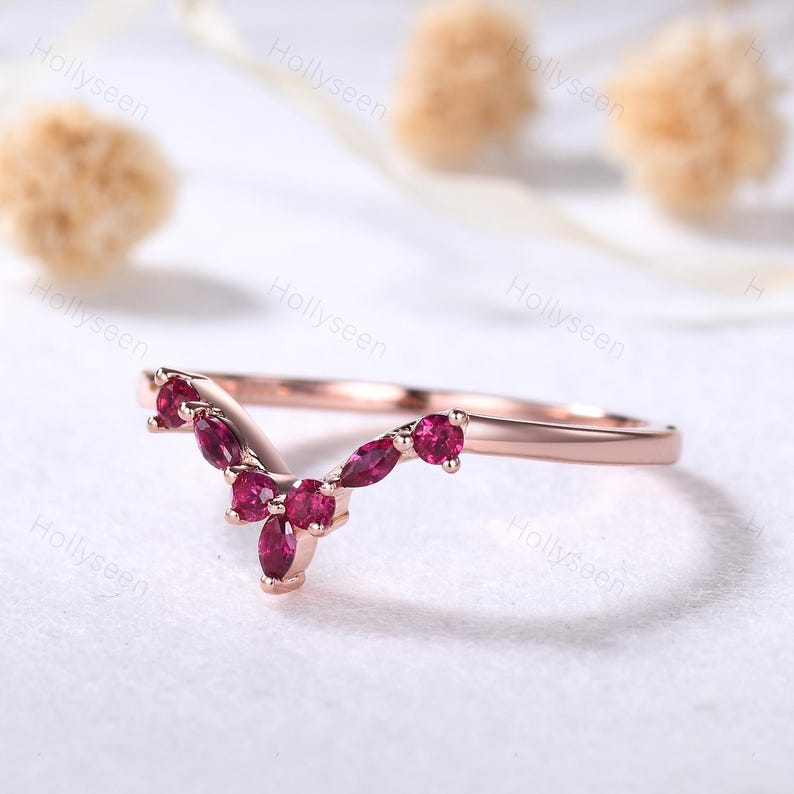 Ruby Stackable Aniversary Rings Ruby Rose Gold Curved Wedding Band Red Stone Engagement Stacking Ring ...