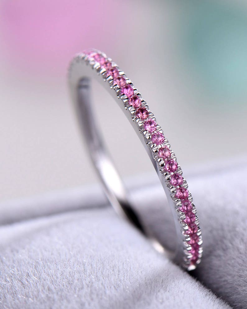 Pink Tourmaline Wedding Band 14k White Gold Half Eternity 925 Sterling Silver Pave Bridal Promise Stacking Matching Ring Anniversary Gift