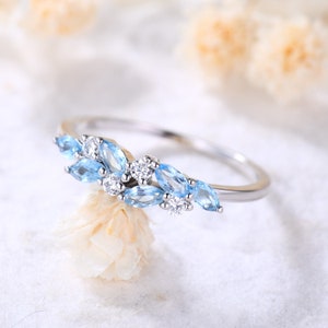Vintage Blue Topaz Ring Sterling Silver Marquise Topaz Engagement Ring Moissanite Ring Unique Ring Women Gemstone Ring Art Deco Leaf Ring