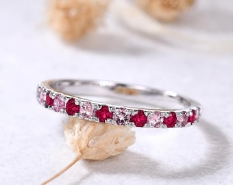 2mm Ruby Pink Tourmaline Wedding Band Silver White Gold Half Eternity Minimalist July October Birthstone Stackable Ring Gift for Her