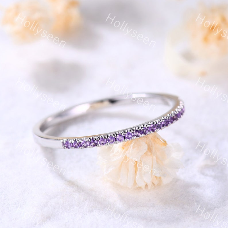 Amethyst Wedding Band Sterling Silver Amethyst Engagement Ring Thin Wedding Band Dainty Wedding Band Woman Promise Bridal Ring Vintage Ring image 1