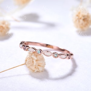 Marquise Opal Alexandrite Wedding Ring Band Rose Gold Dainty Birthstone Stacking Ring Art Deco Silver Bridal Promise Ring for Women