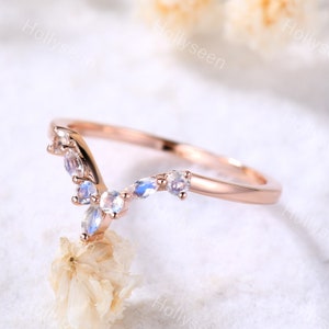 Rainbow Moonstone Wedding Band Rose Gold Moonstone Wedding Ring Silver Curved Wedding Band Women Stacking Ring Promise Ring Anniversary Ring