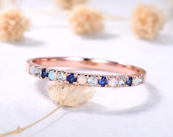2mm Opal Sapphire Aquamarine Wedding Band Silver Rose Gold Half Eternity Stacking Ring Blue Gemstone Stackable Ring Birthstone Stack Ring