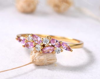Vintage Pink Sapphire Engagement Ring Yellow Gold Ring Natural Pink Stones Ring Dainty September Birthstone Ring Unique Gift for Her