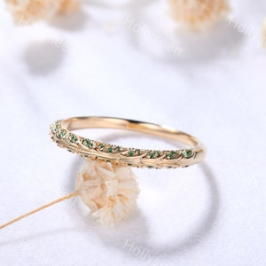 Emerald Yellow Gold Wedding Ring Band Vintage Silver May Birthstone Bridal Stacking Ring Unique Green Gemstone Eternity Ring for Women