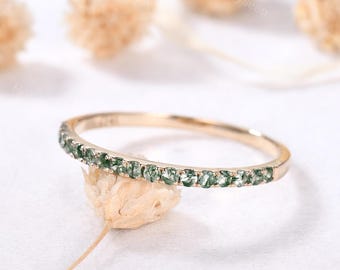 1.5mm Moss Agate Wedding Band Solid Yellow Gold Stacking Ring Half Eternity Green Stone Stackable Ring Thin Matching Band Bridal Ring Women