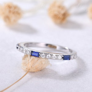 Baguette cut Sapphire Moissanite Wedding Band Sterling Silver 14k White Gold Ring Unique Engagement Stacking Ring Women Anniversary Gift