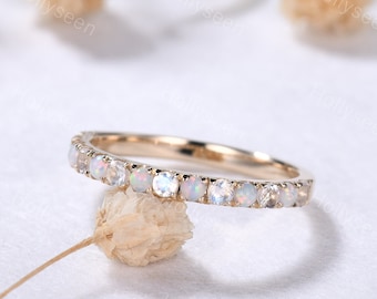 2mm Moonstone Opal Yellow Gold Wedding Ring Band Half Eternity Stacking Ring June Birthstone Stackable Ring Promise Bridal Ring for Women