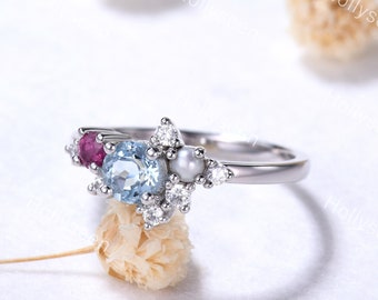 Unique Aquamarine Pearl Engagement Ring 14k White Gold Cluster Gemstone Ring Ruby Vintage March Birthstone Jewelry Handmade Ring for Women