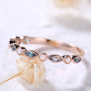 Opal Wedding Band Alexandrite Wedding Ring Marquise Wedding Band Rose Gold Wedding Band Unique Ring Promise Ring Vintage Ring for Women