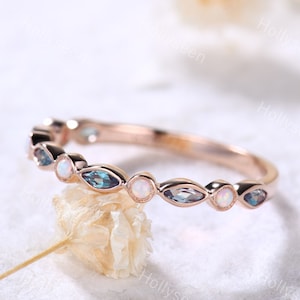Opal Alexandrite Wedding Band Rose Gold Half Eternity Stacking Ring June Birthstone Stack Ring Gemstone Bridal Stackable Ring Gift for Her