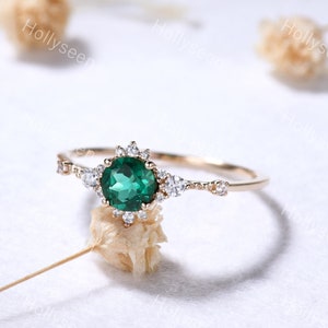 14k Yellow Gold Round Cut Emerald Engagement Ring Dainty Green Gemstone Diamond Ring Vintage May Birthstone Handmade Jewelry for Women Gift
