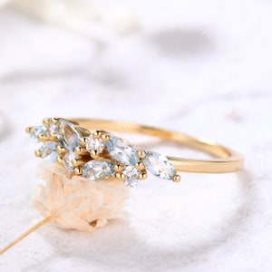 Vintage Aquamarin Ring Gelbgold Aquamarin Verlobungsring Moissanit Ring Marquise Ring Einzigartige Ring Blauer Edelstein Ring Jubiläumsring