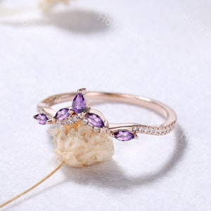 Vintage Amethyst Curved Wedding Ring Band 14k Rose Gold Moissanite Engagement Ring Marquise Purple Stone Bridal Stackable Ring Silver Ring