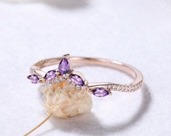 Vintage Amethyst Curved Wedding Ring Band 14k Rose Gold Moissanite Engagement Ring Marquise Purple Stone Bridal Stackable Ring Silver Ring