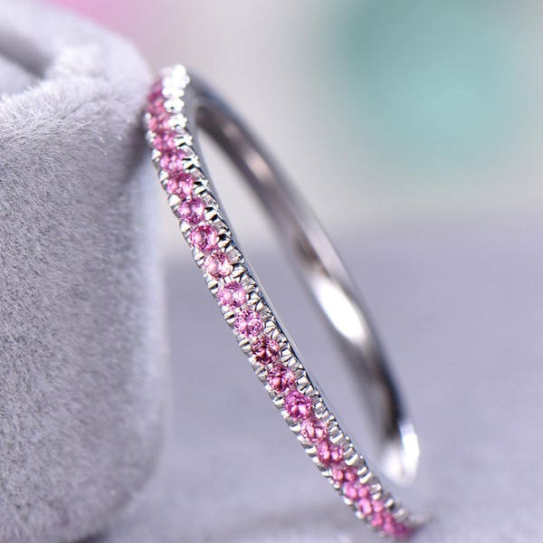 Pink Tourmaline Wedding Band White Gold Tourmaline Wedding Ring Thin Wedding Band Stacking Ring Dainty Ring Viking Ring Women Simple Ring