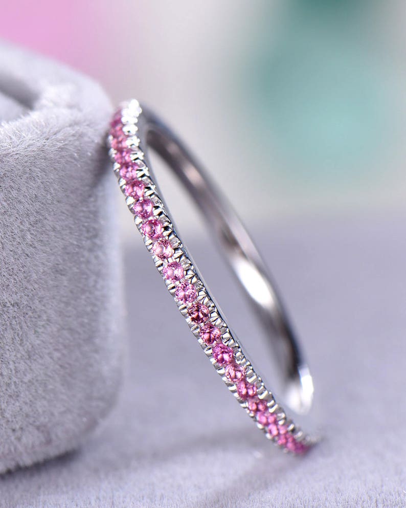 Pink Tourmaline Wedding Band 14k White Gold Half Eternity 925 Sterling Silver Pave Bridal Promise Stacking Matching Ring Anniversary Gift