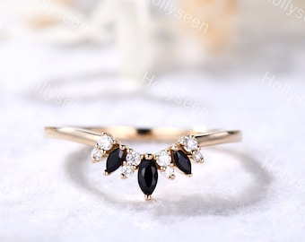 Marquise Black Onyx Wedding Ring Rose Gold Moissanite Wedding Ring Curved Wedding Band Dainty Ring Anniversary Ring Promise Ring for Women