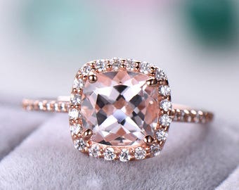 Morganite 14k 18k Rose Gold Engagement Ring Sterling Silver Cushion CZ Diamond Halo Half Eternity Wedding Women Promise Anniversary Gift Set