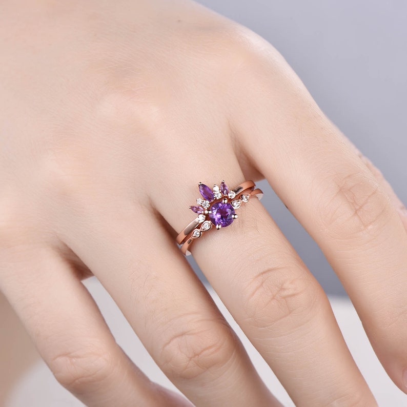 Amethyst Bridal Ring Set Rose Gold CZ Diamond Wedding Ring Set Etsy
