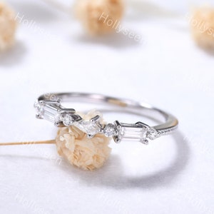 Unique Kite Cut Moissanite Wedding Ring Band 14k White Gold Baguette Cut Stacking Ring Bridal Boho Ring 3 Stone Stackable Ring for Women