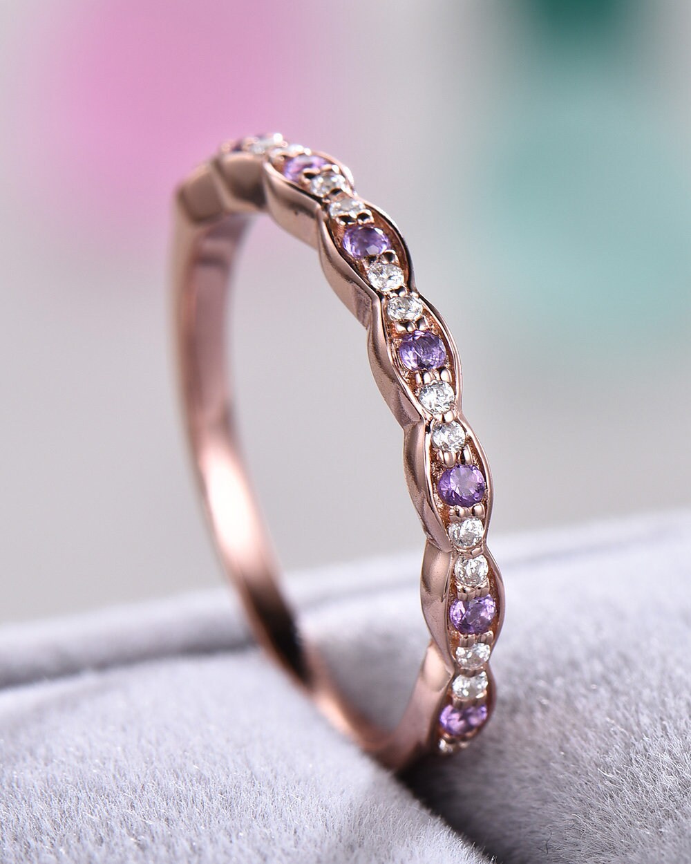 Amethyst CZ Diamond Wedding Band Engagement Ring 14k Rose Gold | Etsy