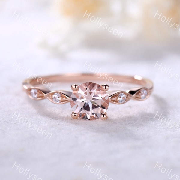 Vintage Pink Morganite Engagement Ring Rose Gold Dainty Morganite Ring Round Morganite Ring Sterling Silver Promise Ring Morganite Jewelry