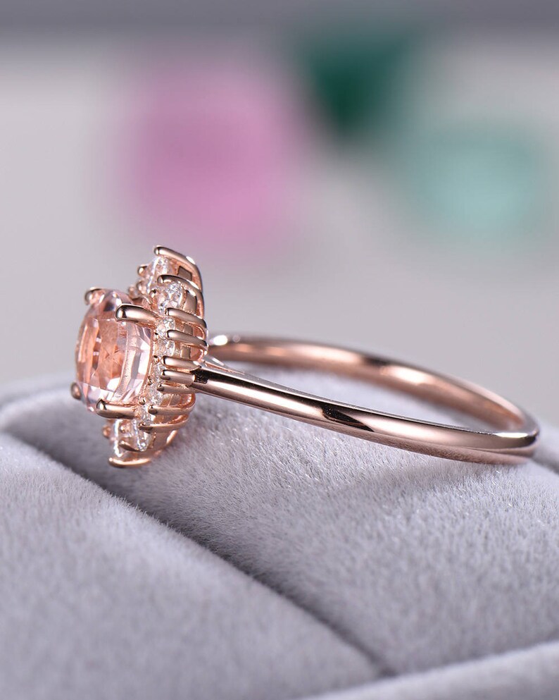 Morganite Halo Engagement Ring 14k Rose Gold 925 Sterling Silver CZ Cubic Zirconia Diamond Wedding Rings Bridal Women Anniversary Gift Plain image 6