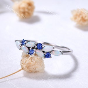 Opal Sapphire Cluster Engagement Ring Silver White Gold Vintage Marquise Opal Ring Blue Gemstone Ring Antique Anniversary Gift for Women