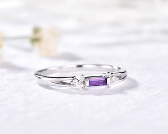Baguette Amethyst Engagement Ring White Gold Moissanite Wedding Band Unique Ring Stacking Ring Vintage Ring Matching Ring Sterling Silver