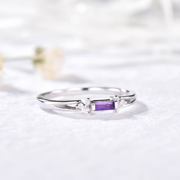 Baguette Amethyst Engagement Ring White Gold Moissanite Wedding Band Unique Ring Stacking Ring Vintage Ring Matching Ring Sterling Silver