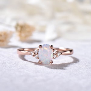 White Fire Opal Ring CZ Diamond 14k Sterling Silver Rose Gold Women Engagement Ring Wedding Band for Women Statement Anniversary Bridal Set